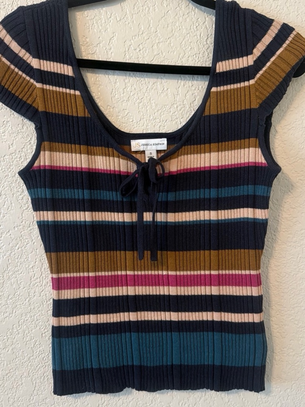 Jessica Simpson Navy Striped Ribbed Tie-Front Tank with Multicolor Bands